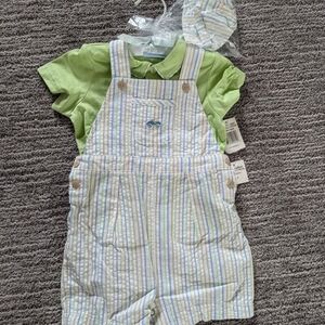 BNWT Vintage Striped Overalls with Green Shirt and Hat